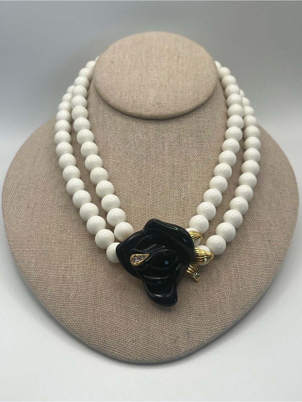 Vintage KJL for Avon White Acrylic Bead Necklace with Black Flower Clasp
